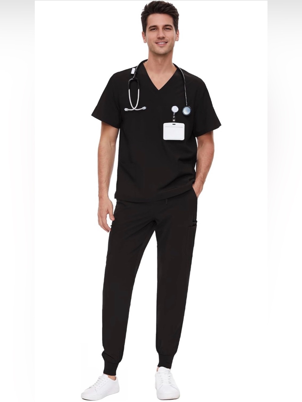 COZYFIT Scrubs for Men - V-Neck Scrub Top and Jogger Pant Black Large Tall